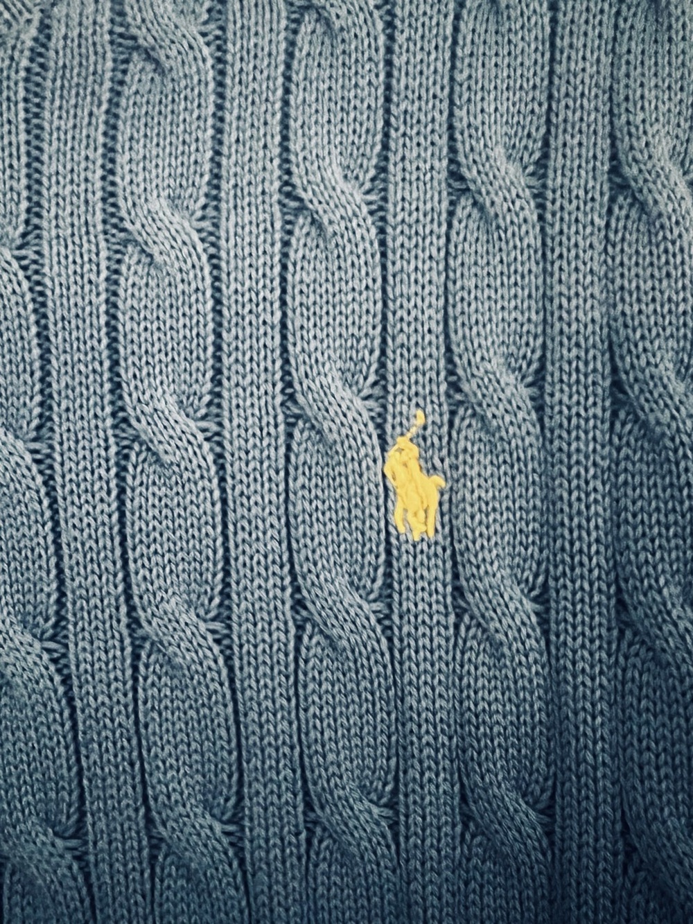 Polo Ralph Lauren Blue Cableknit Sweater Yellow Pony Boys 18-20 or Women S/M 40” - Picture 4 of 8